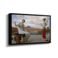 Angled view of Winding the Skein, c. 1878 by Frederic Leighton in a black floater framed canvas.
