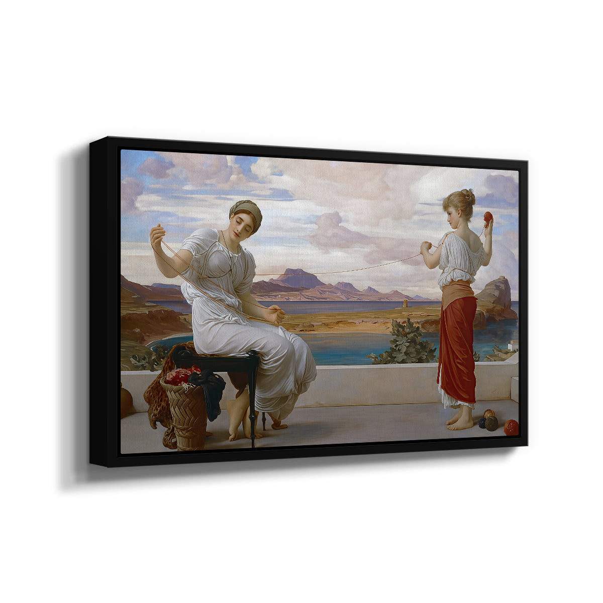 Angled view of Winding the Skein, c. 1878 by Frederic Leighton in a black floater framed canvas.