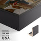 Close-up of the black floater frame corner and gallery wrapped canvas construction.