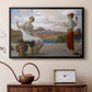 Black floater framed canvas featuring a classical scene of figures winding thread together, displayed above a cabinet in a soft-toned living room.