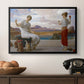 Winding the Skein, c. 1878 by Frederic Leighton in a black floater framed canvas displayed above a console table in a hallway, featuring an elegant composition of women performing domestic task.