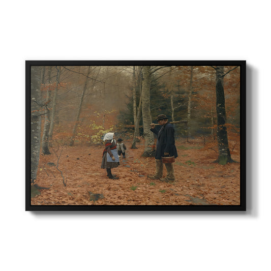 The Woodman and his Children, 1886 by Hans Andersen Brendekilde in a black floater framed canvas wall art display.