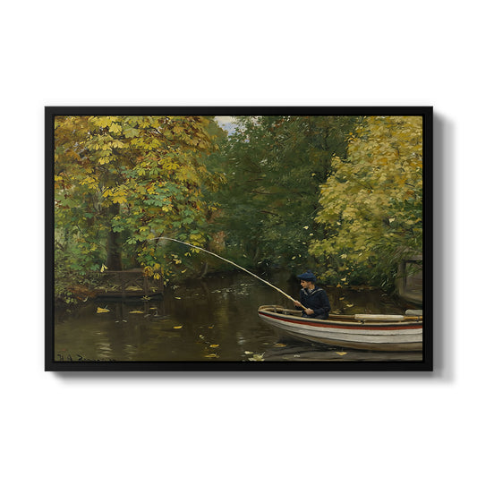 Fishing Boy, c. 1890 by Hans Andersen Brendekilde in a black floater framed canvas wall art display.