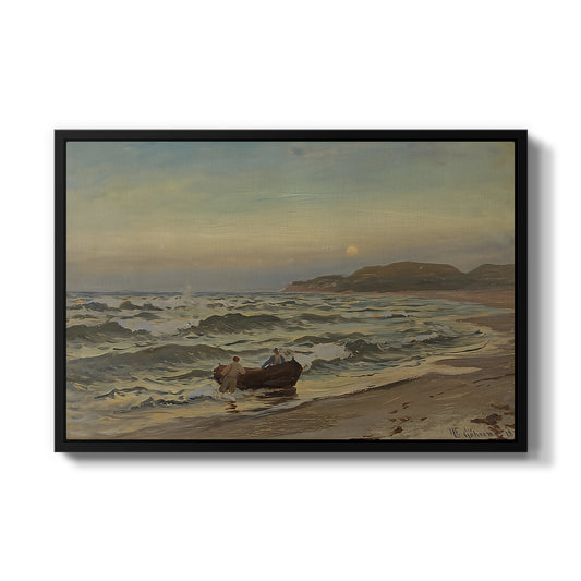 Storm at Rügen, 1882 by Hans Gude in a black floater framed canvas wall art display.