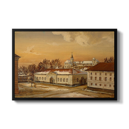 The Riding School at Akershus Castle, 1846 by Hans Gude in a black floater framed canvas wall art display.