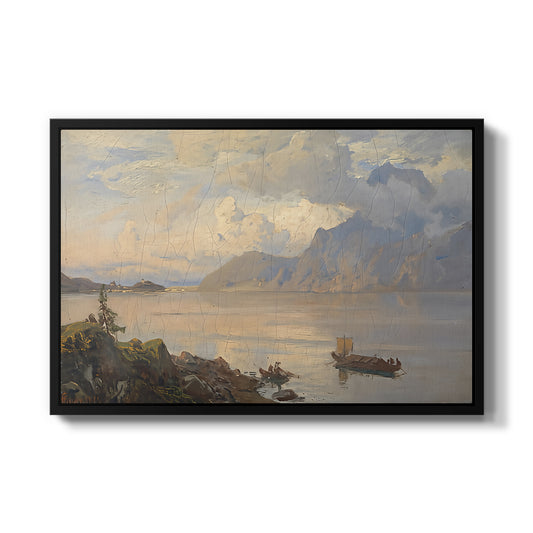 Traunsee, 1871 by Hans Gude in a black floater framed canvas wall art display.