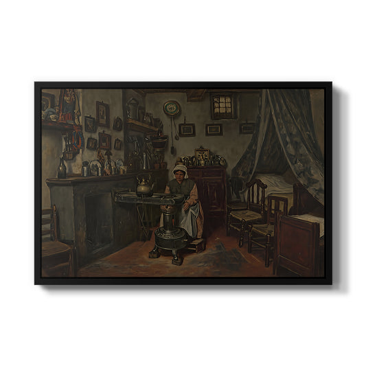Interior, c. 1865-1870 by Henri De Braekeleer in a black floater framed canvas wall art display.