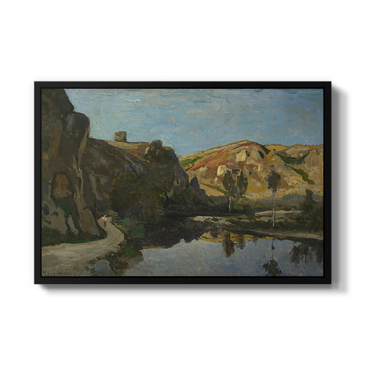 River Landscape with Cliffs, c. 1850-1860 by Henri Harpignies in a black floater framed canvas wall art display.