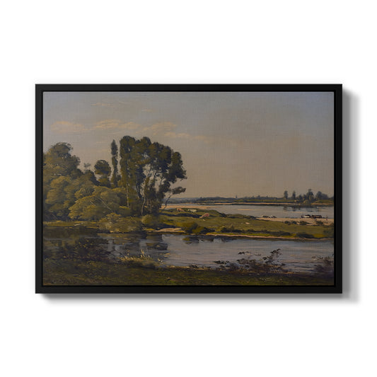 Landscape with a River, 1892 by Henri Harpignies in a black floater framed canvas wall art display.