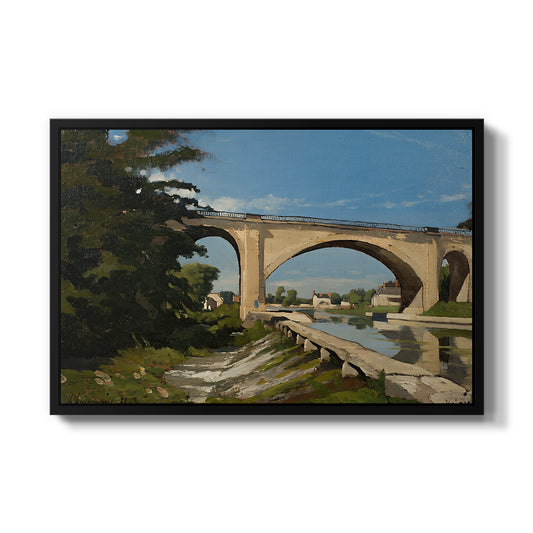The Railroad Bridge at Briare, 1888 by Henri Harpignies in a black floater framed canvas wall art display.