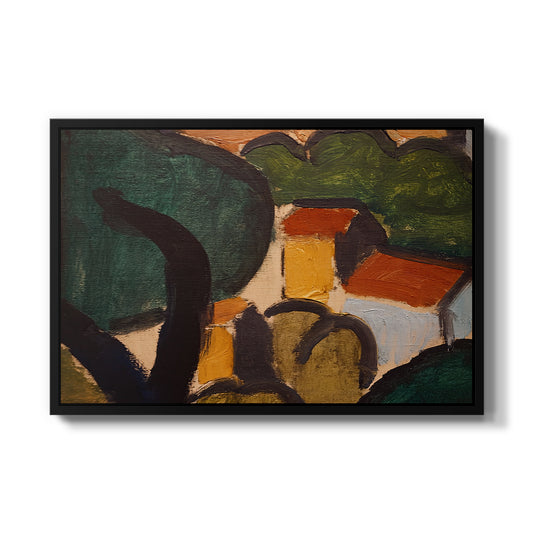 Landscape with Trees and Houses, c. 1905 by Henri Matisse in a black floater framed canvas wall art display.