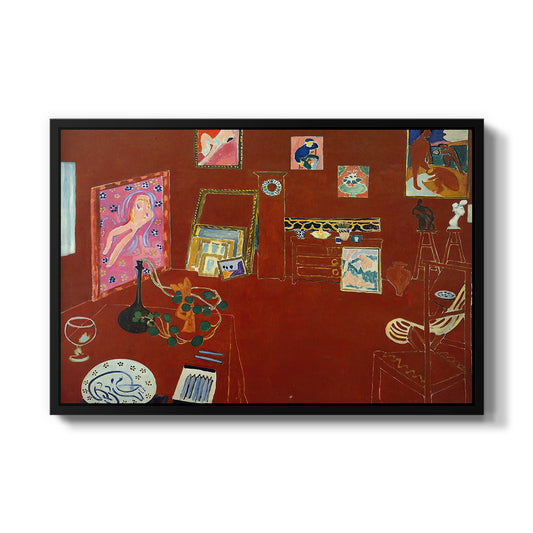 The Red Studio (L'Atelier Rouge), 1911 by Henri Matisse in a black floater framed canvas wall art display.