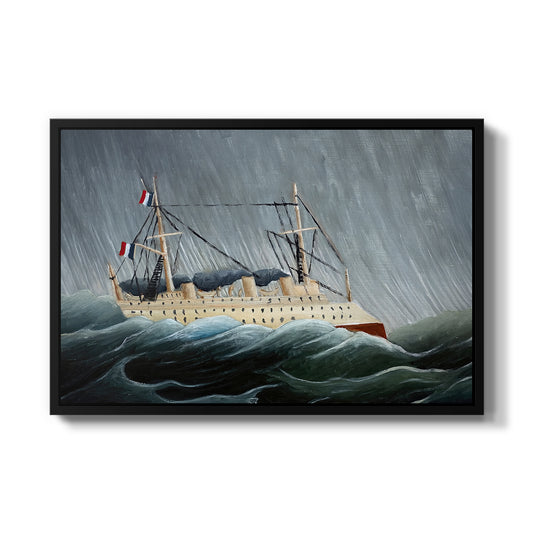 A Ship in the Storm, c. 1899 by Henri Rousseau in a black floater framed canvas wall art display.