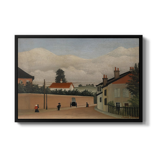 Outskirts of Paris, c. 1906-1910 by Henri Rousseau in a black floater framed canvas wall art display.