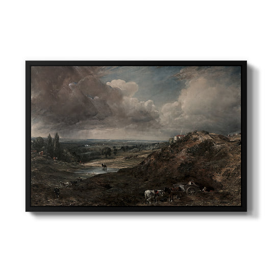 Branch Hill Pond, Hampstead Heath, c. 1828 by John Constable in a black floater framed canvas wall art display.