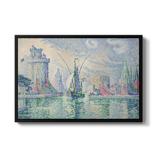The Green Towers (Les tours vertes, la Rochelle), 1913 by Paul Signac in a black floater framed canvas wall art display.