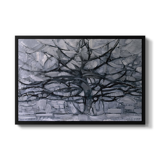 The Gray Tree, 1911 by Piet Mondrian in a black floater framed canvas wall art display.
