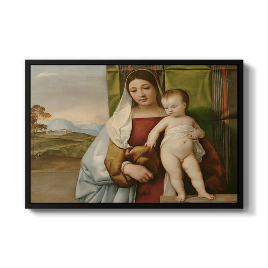 The Gypsy Madonna (La Zingarella), c. 1510-1511 by Titian in a black floater framed canvas wall art display.