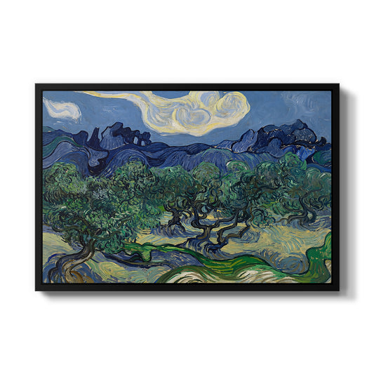 Olive Trees with the Alpilles in the Background, 1889 by Vincent van Gogh in a black floater framed canvas wall art display.