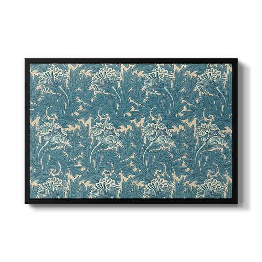 Tulip (Teal), 1875 by William Morris in a black floater framed canvas wall art display.