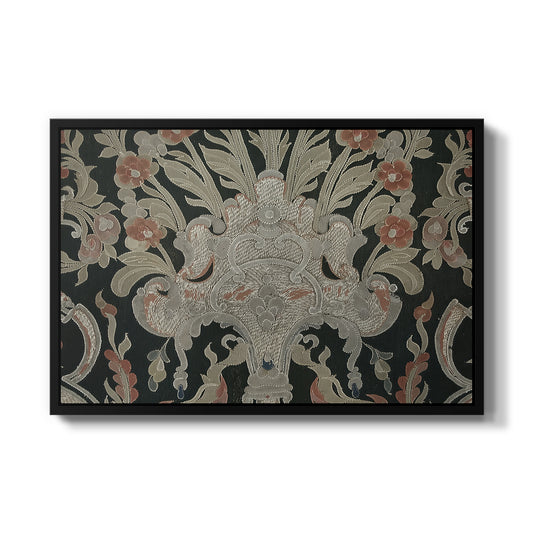 Hanging (Printed Textile), c. 18th Century by Unknown in a black floater framed canvas wall art display.