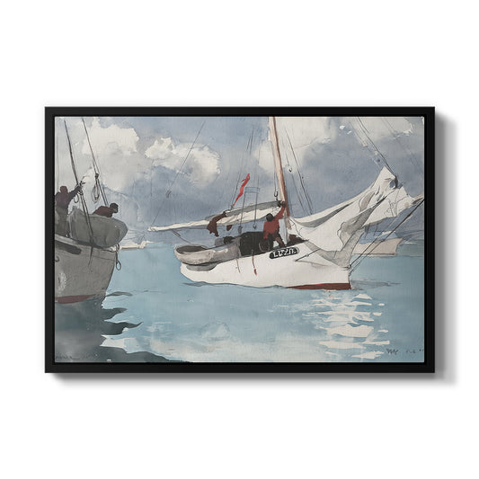 Fishing Boats, Key West, 1903 by Winslow Homer in a black floater framed canvas wall art display.