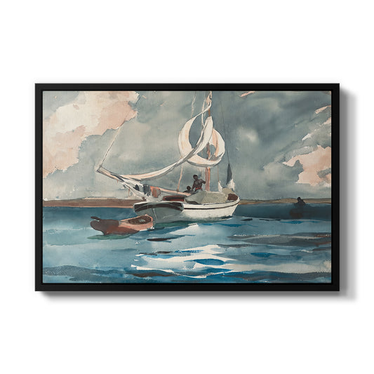 Sloop, Nassau, 1899 by Winslow Homer in a black floater framed canvas wall art display.