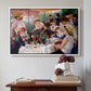 White floater framed canvas featuring Luncheon of the Boating Party (Le Déjeuner des canotiers), 1880-1881 by Pierre-Auguste Renoir above an entryway table in a minimalist foyer.