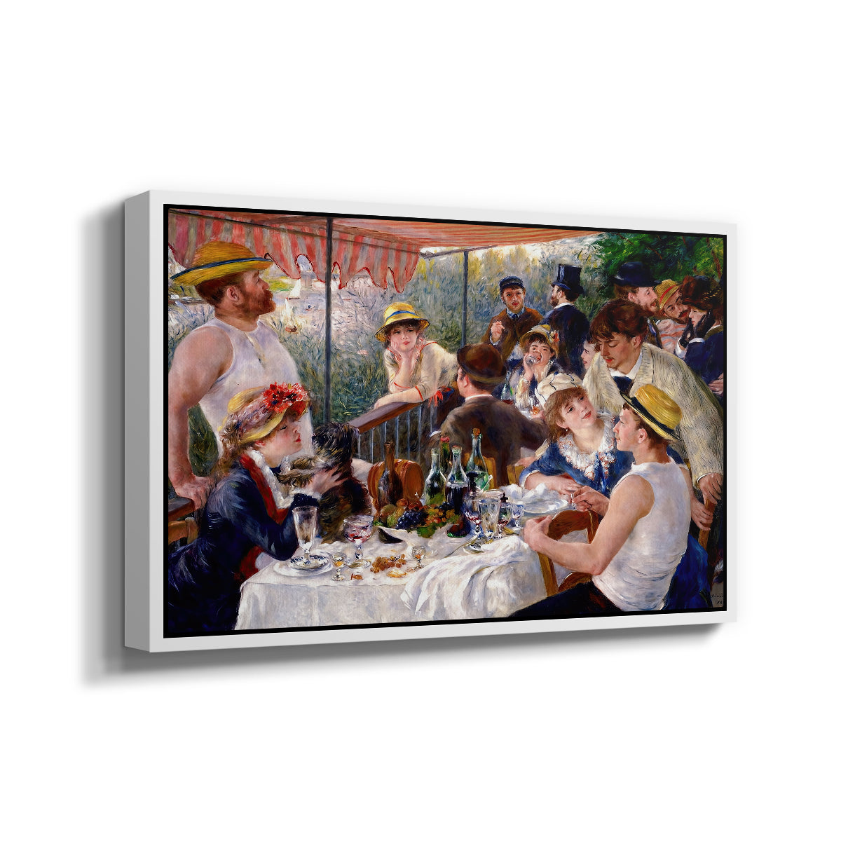 Angled view of Luncheon of the Boating Party (Le Déjeuner des canotiers), 1880-1881 by Pierre-Auguste Renoir in a white floater framed canvas.