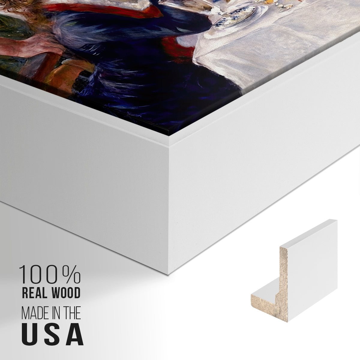 Close-up of the white floater frame corner and gallery wrapped canvas construction.