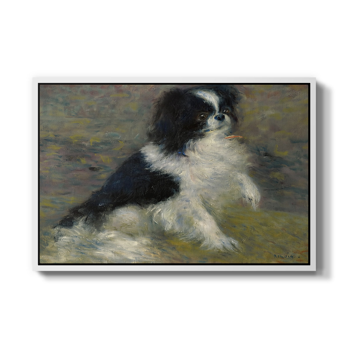 Tama, the Japanese Dog, c. 1876 by Pierre-Auguste Renoir in a white floater framed canvas wall art display.