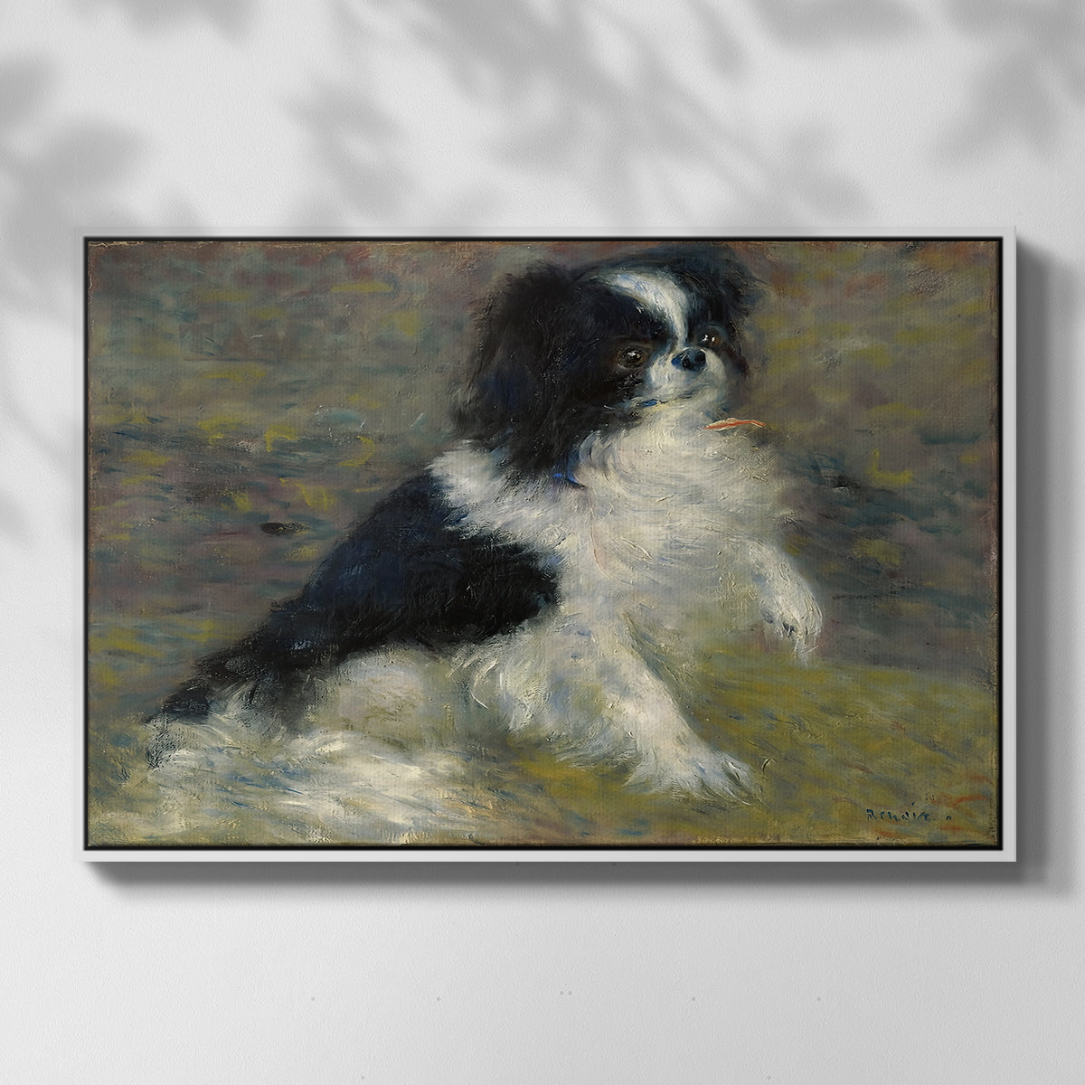 Front view of Tama, the Japanese Dog, c. 1876 by Pierre-Auguste Renoir in a white floater framed canvas.