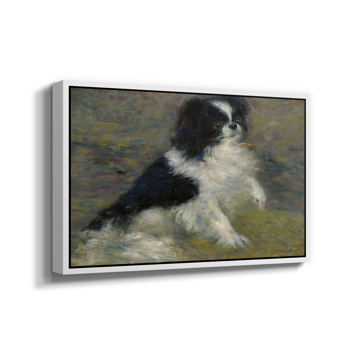Angled view of Tama, the Japanese Dog, c. 1876 by Pierre-Auguste Renoir in a white floater framed canvas.