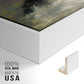 Close-up of the white floater frame corner and gallery wrapped canvas construction.