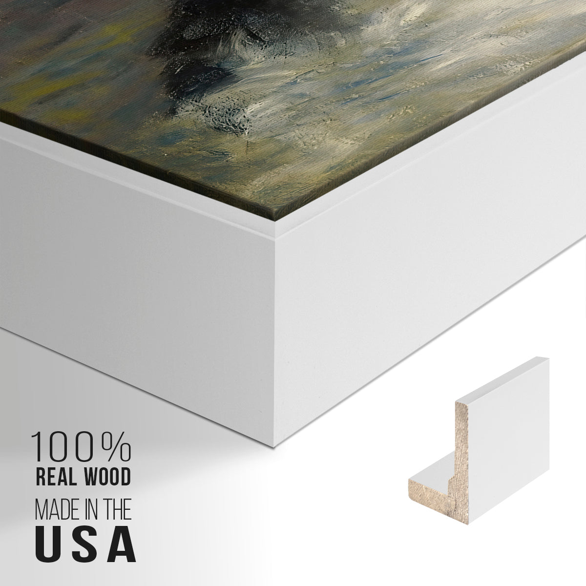 Close-up of the white floater frame corner and gallery wrapped canvas construction.