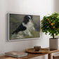 Tama, the Japanese Dog, c. 1876 by Pierre-Auguste Renoir, presented in a white floater framed canvas featuring a small black and white dog standing in shallow water with soft brushstrokes, displayed above a hallway console table.