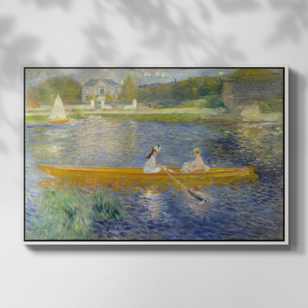 Front view of The Skiff (La Yole), 1875 by Pierre-Auguste Renoir in a white floater framed canvas.