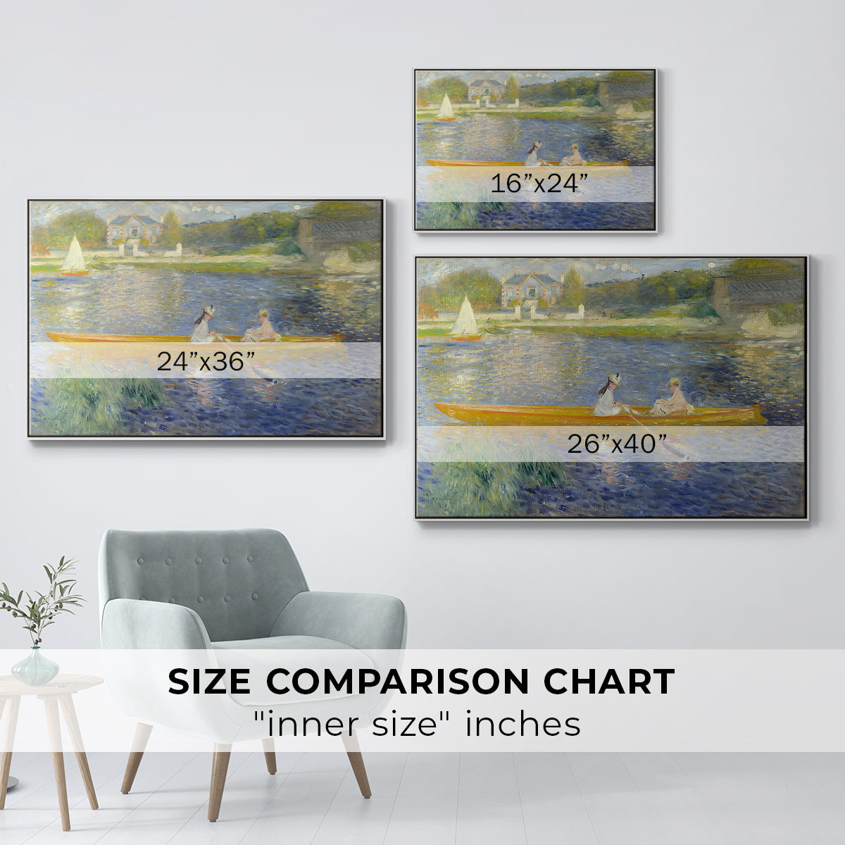 Size comparison chart for white floater framed canvas featuring The Skiff (La Yole), 1875 by Pierre-Auguste Renoir.
