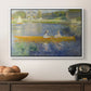 The Skiff (La Yole), 1875 by Pierre-Auguste Renoir in a white floater framed canvas displayed above a console table in a hallway, featuring a leisure scene of figures in a small rowboat on tranquil water.