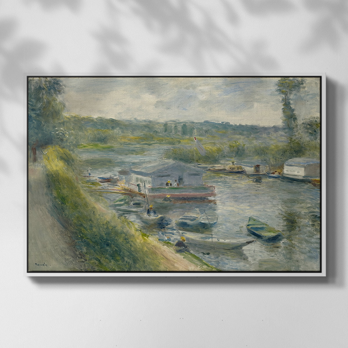 Front view of Wash-House Boat at Bas-Meudon, c. 1874 by Pierre-Auguste Renoir in a white floater framed canvas.
