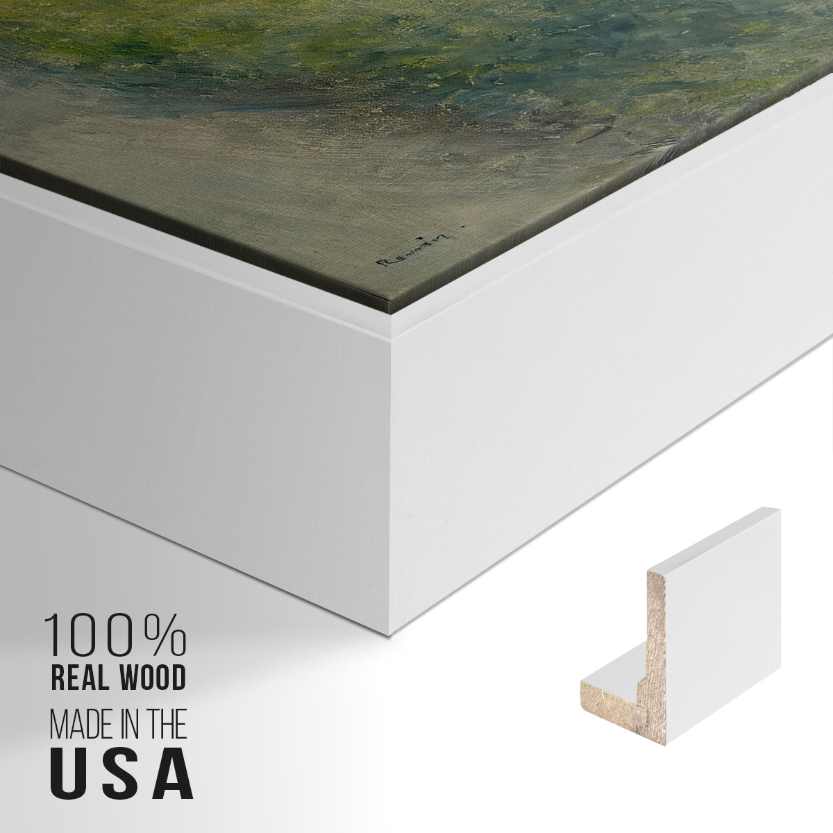 Close-up of the white floater frame corner and gallery wrapped canvas construction.