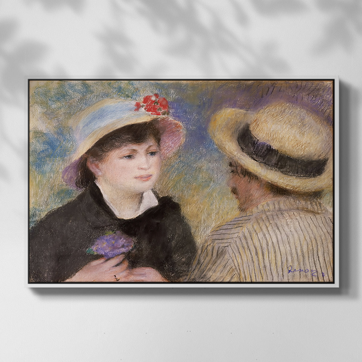 Front view of Boating Couple (Aline Charigot and Renoir), c. 1881 by Pierre-Auguste Renoir in a white floater framed canvas.