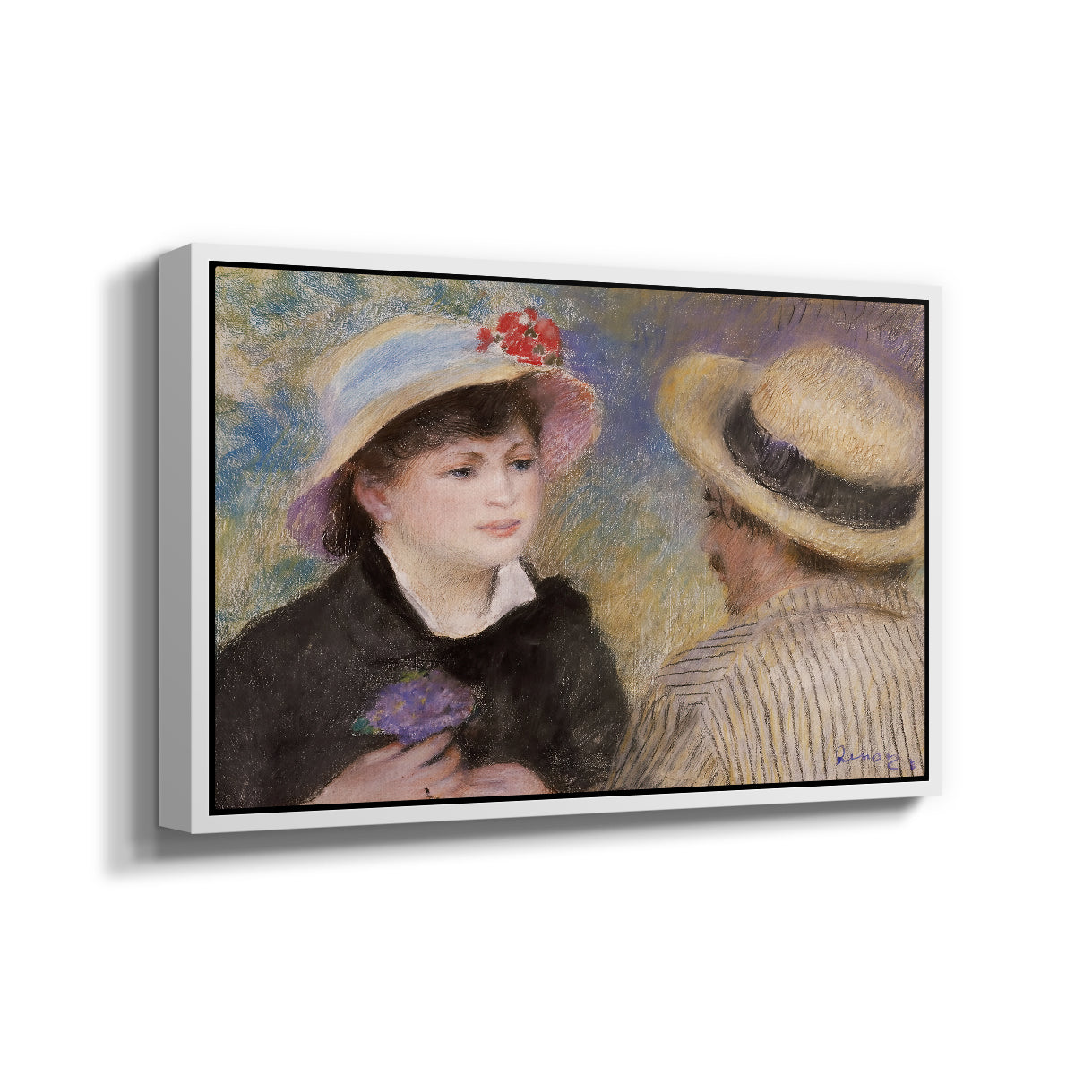 Angled view of Boating Couple (Aline Charigot and Renoir), c. 1881 by Pierre-Auguste Renoir in a white floater framed canvas.
