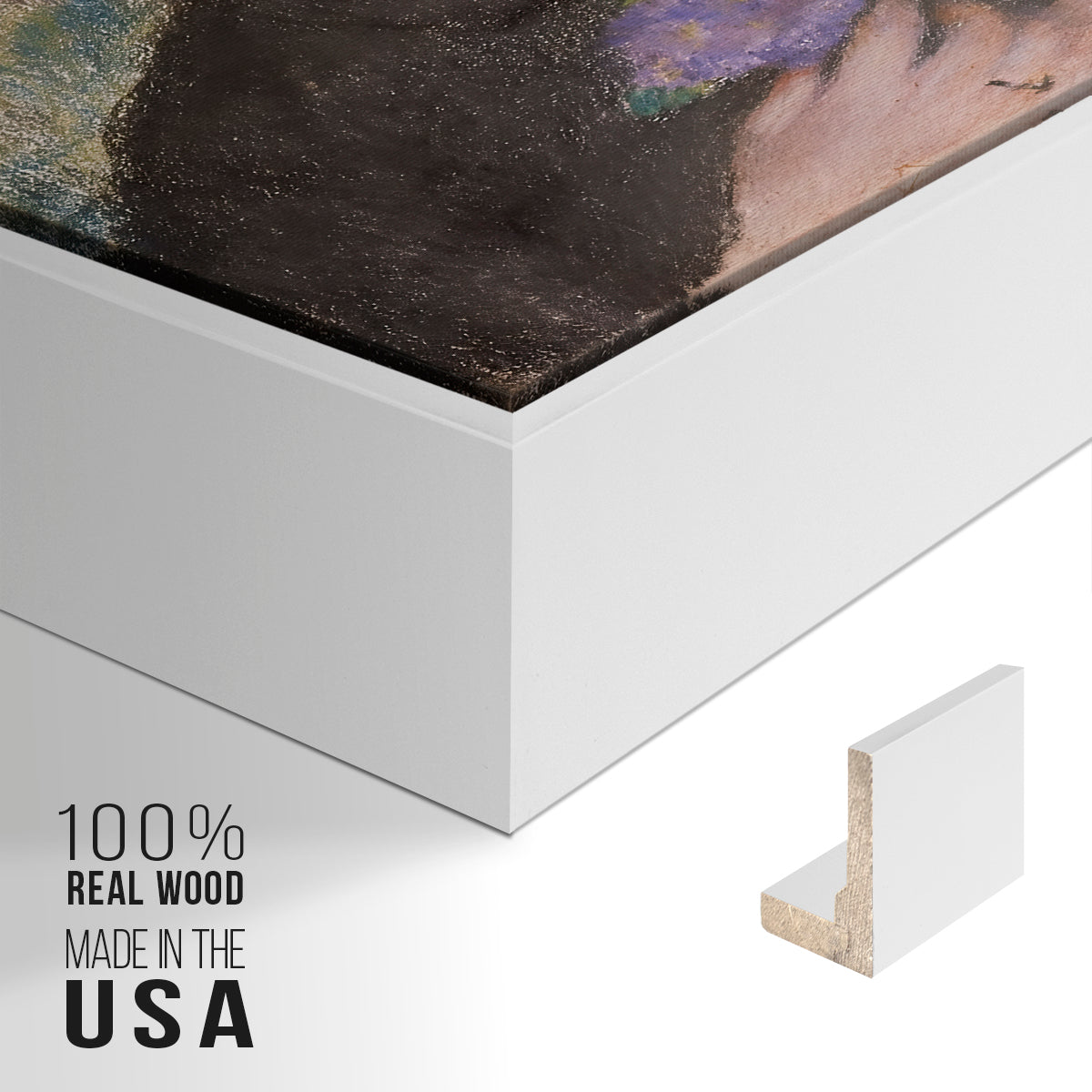 Close-up of the white floater frame corner and gallery wrapped canvas construction.