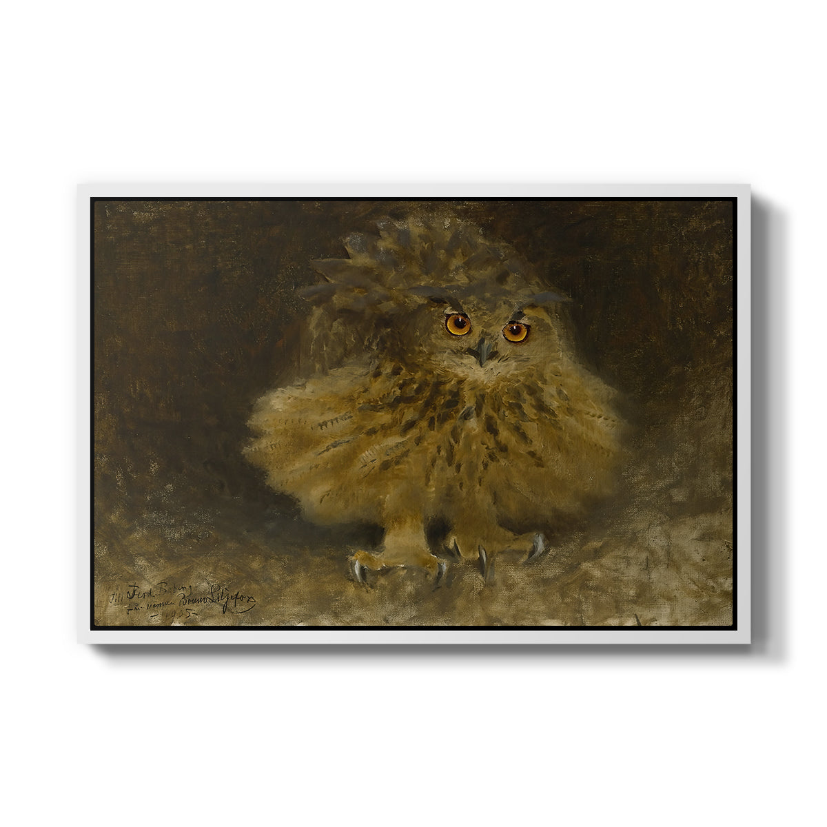 An Eagle Owl (Berguv), 1905 by Bruno Liljefors in a white floater framed canvas wall art display.