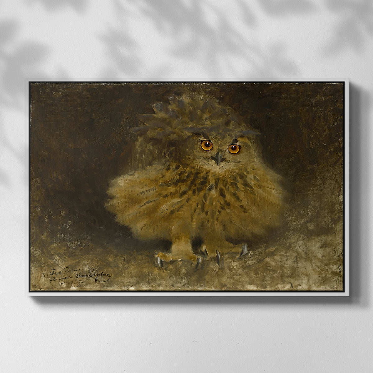 Front view of An Eagle Owl (Berguv), 1905 by Bruno Liljefors in a white floater framed canvas.