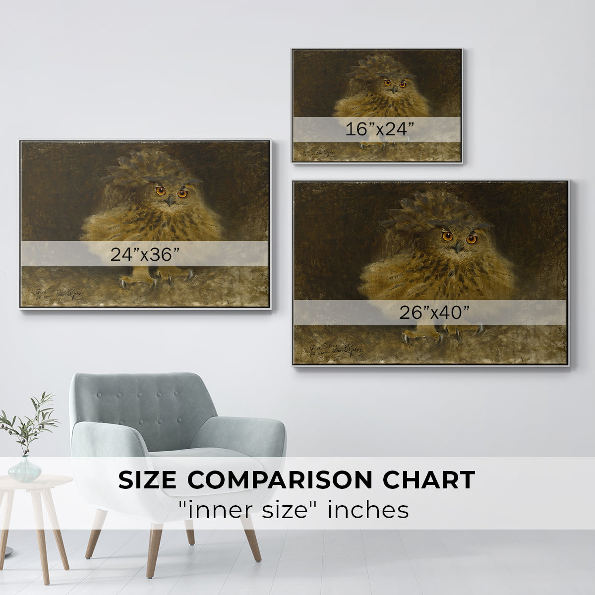 Size comparison chart for white floater framed canvas featuring An Eagle Owl (Berguv), 1905 by Bruno Liljefors.