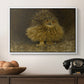 An Eagle Owl (Berguv), 1905 by Bruno Liljefors in a white floater framed canvas displayed above a console table in a hallway, featuring a realistic depiction of owl camouflaged within woodland environment.