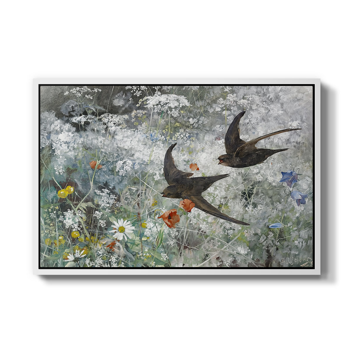 Common Swifts, 1886 by Bruno Liljefors in a white floater framed canvas wall art display.