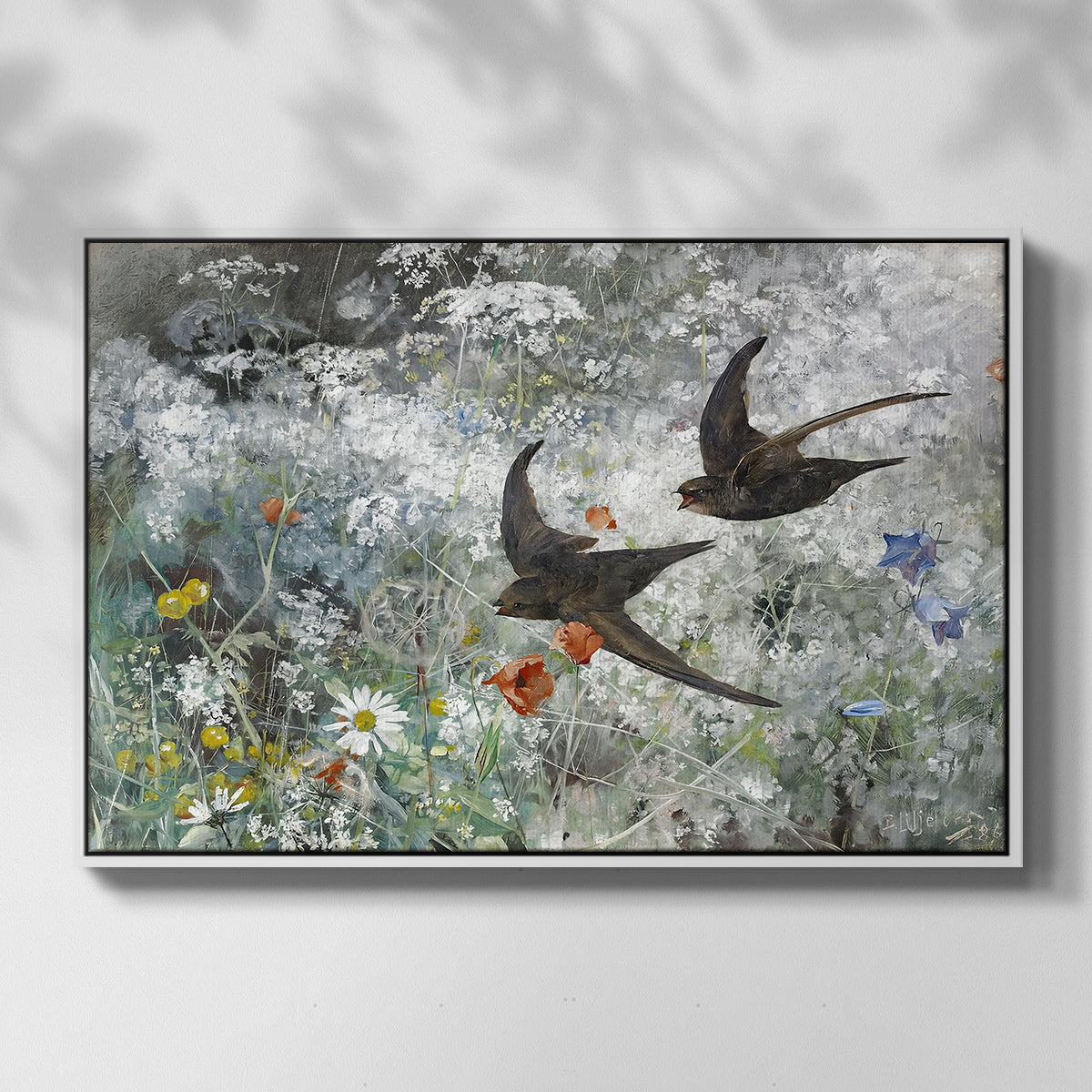 Front view of Common Swifts, 1886 by Bruno Liljefors in a white floater framed canvas.